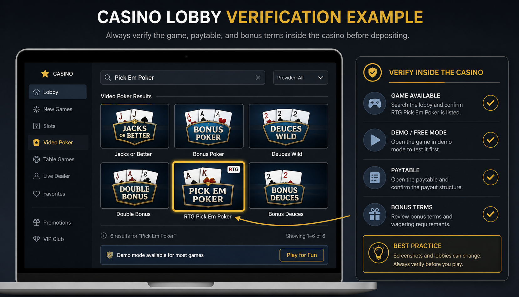 Fictional casino lobby verification example for RTG Pick Em Poker
