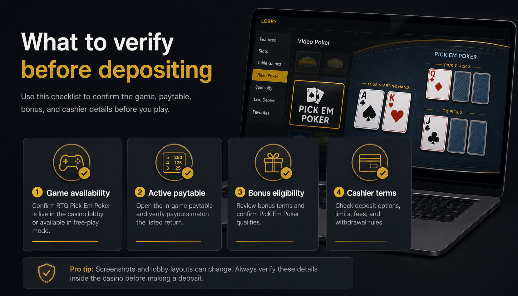 Fictional pre-deposit verification checklist for RTG Pick Em Poker casino reviews
