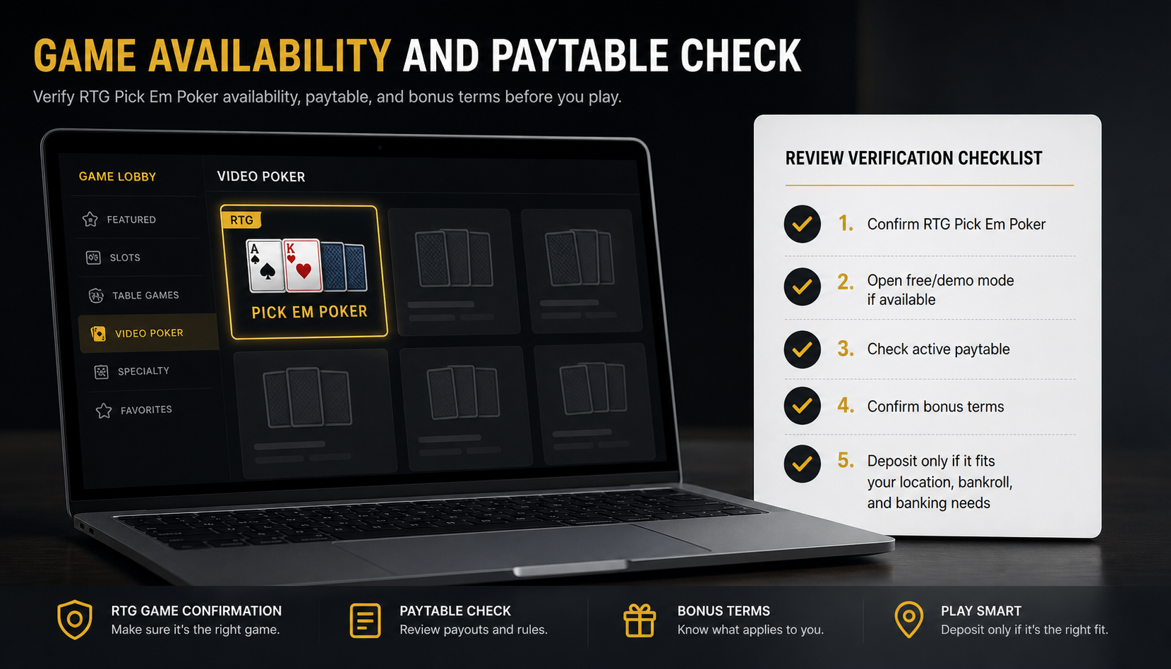 Fictional game lobby and paytable verification checklist for RTG Pick Em Poker